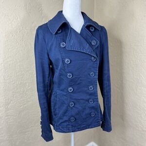 H&M Double Breasted Peacoat Jacket Size 10 Navy Blue Cotton Fisherman Steampunk